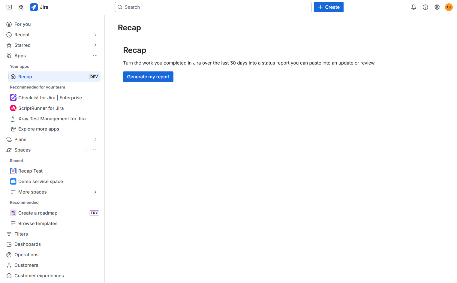 Recap panel in Jira before generating a report, showing the one-click Generate report button.