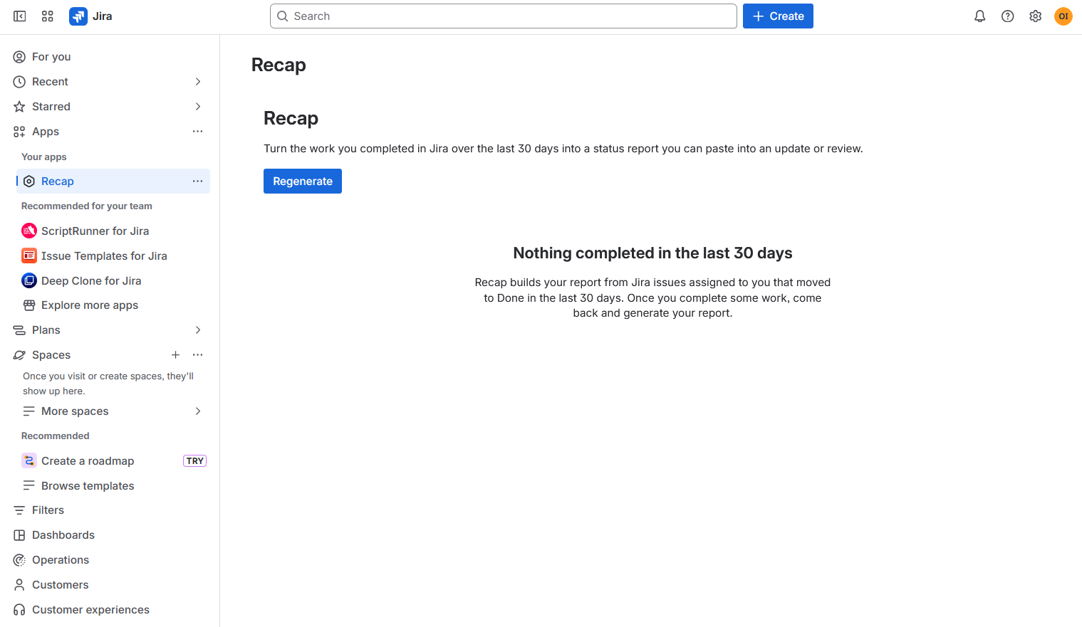 Recap in Jira showing the empty state when there is no completed work in the selected period.