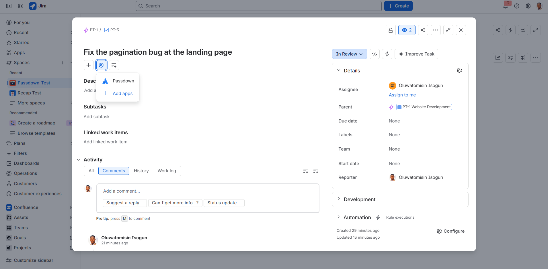 Passdown issue panel in Jira showing the Summarize this ticket button before generating a summary.